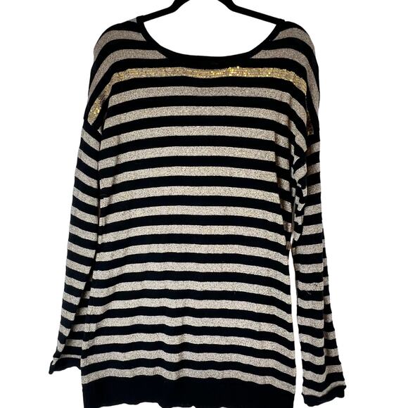 MUDD THIN SWEATER LONG SLEEVE STRIPED BLACK/GOLD SHIMMER SEQUIN COTTON BLEND - Picture 8 of 10